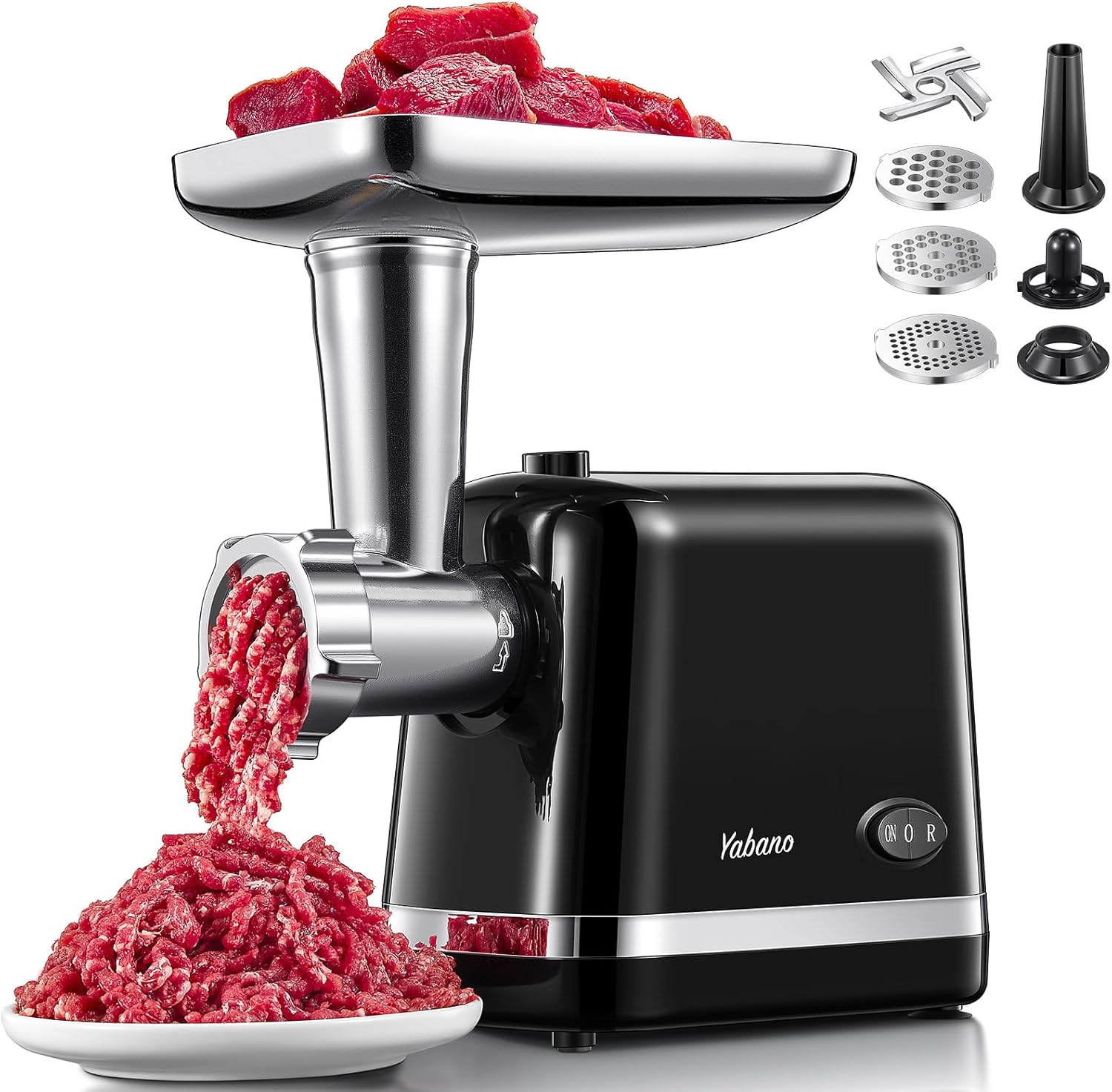 Yabano electric meat grinder in black with three stainless steel grinding plates, sausage stuffer maker, and kubbe kit